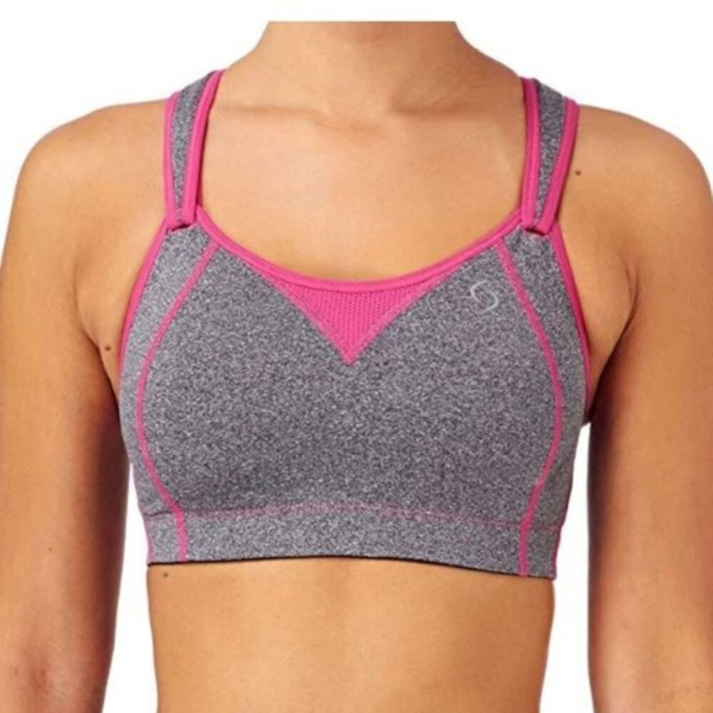 Brooks Moving Comfort Rebound Racer Sports Bra in Pink and Grey, 34D